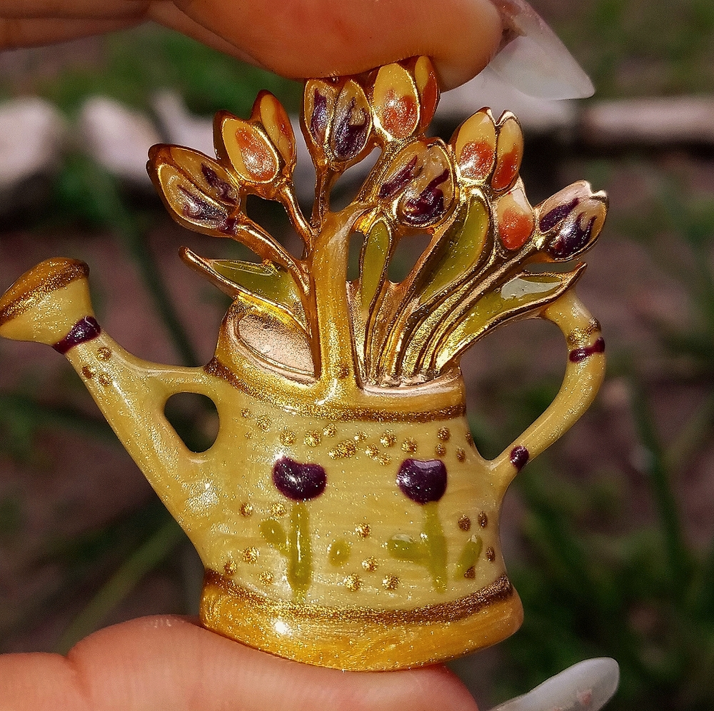 Vintage Flower Watering Pot Brooch